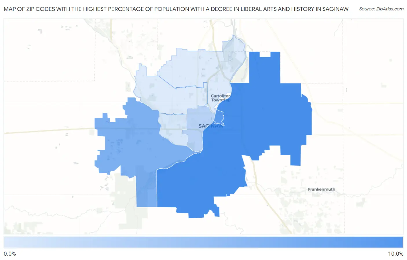 Zip Codes with the Highest Percentage of Population with a Degree in Liberal Arts and History in Saginaw Map