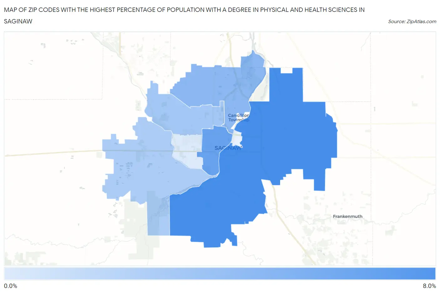 Zip Codes with the Highest Percentage of Population with a Degree in Physical and Health Sciences in Saginaw Map
