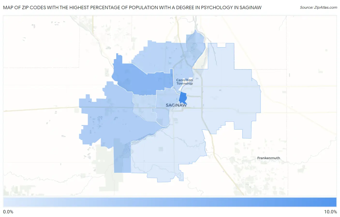 Zip Codes with the Highest Percentage of Population with a Degree in Psychology in Saginaw Map
