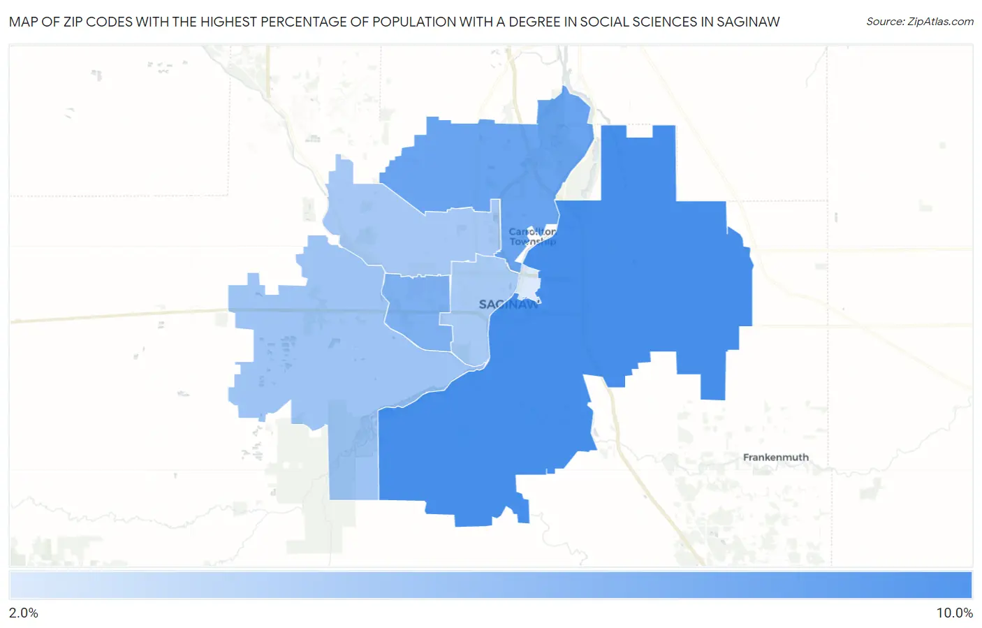Zip Codes with the Highest Percentage of Population with a Degree in Social Sciences in Saginaw Map