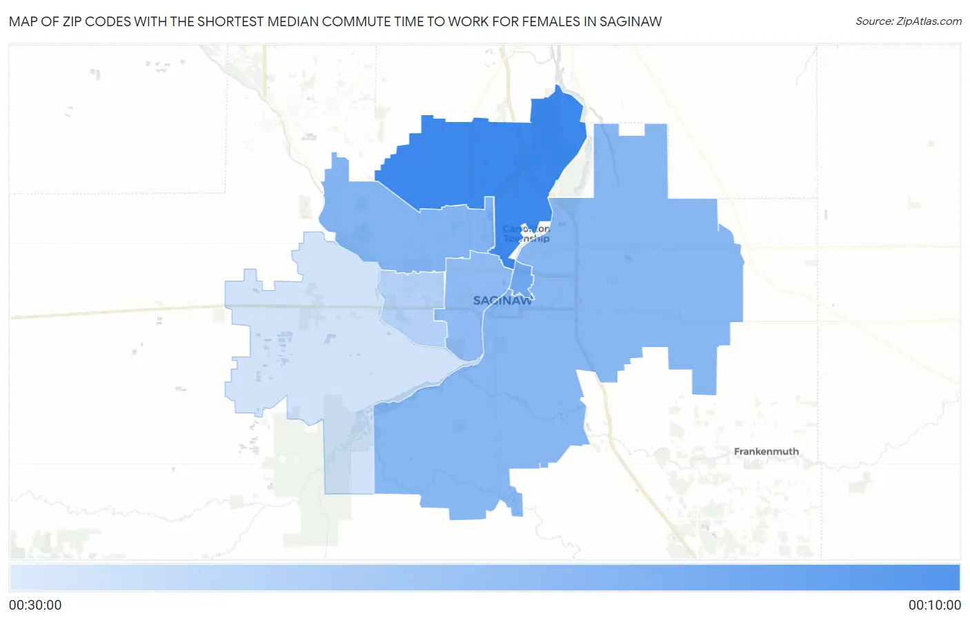 Zip Codes with the Shortest Median Commute Time to Work for Females in Saginaw Map