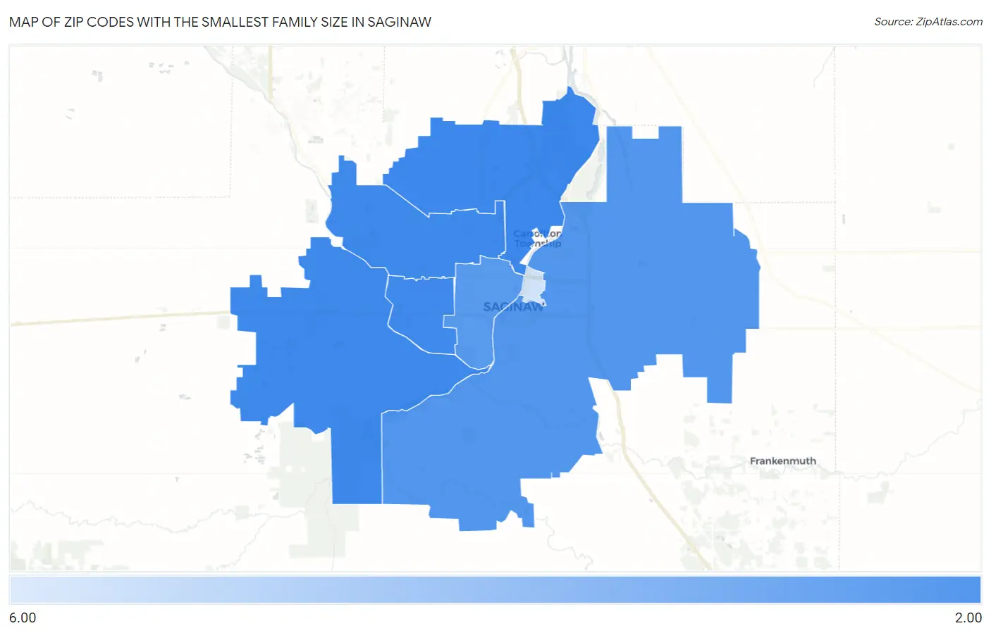 Zip Codes with the Smallest Family Size in Saginaw Map