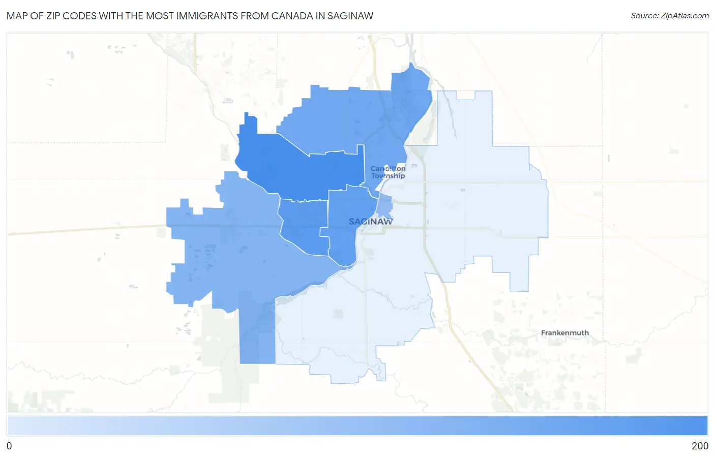 Zip Codes with the Most Immigrants from Canada in Saginaw Map