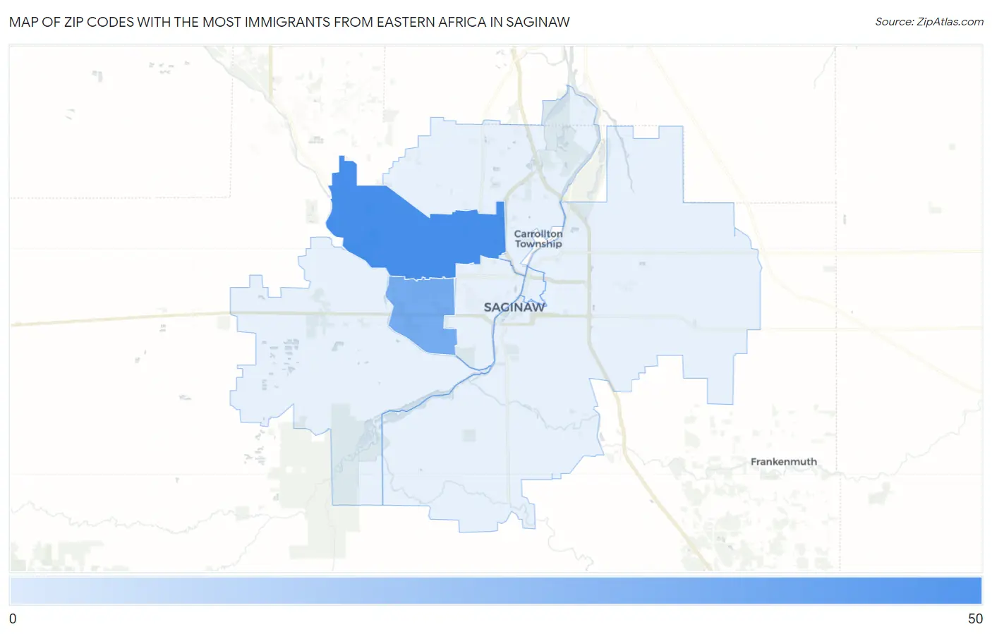 Zip Codes with the Most Immigrants from Eastern Africa in Saginaw Map