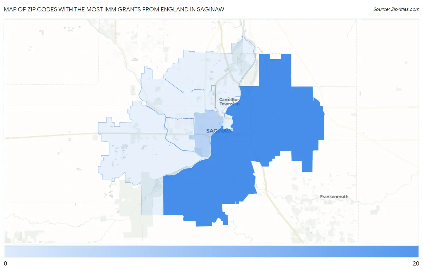 Zip Codes with the Most Immigrants from England in Saginaw Map