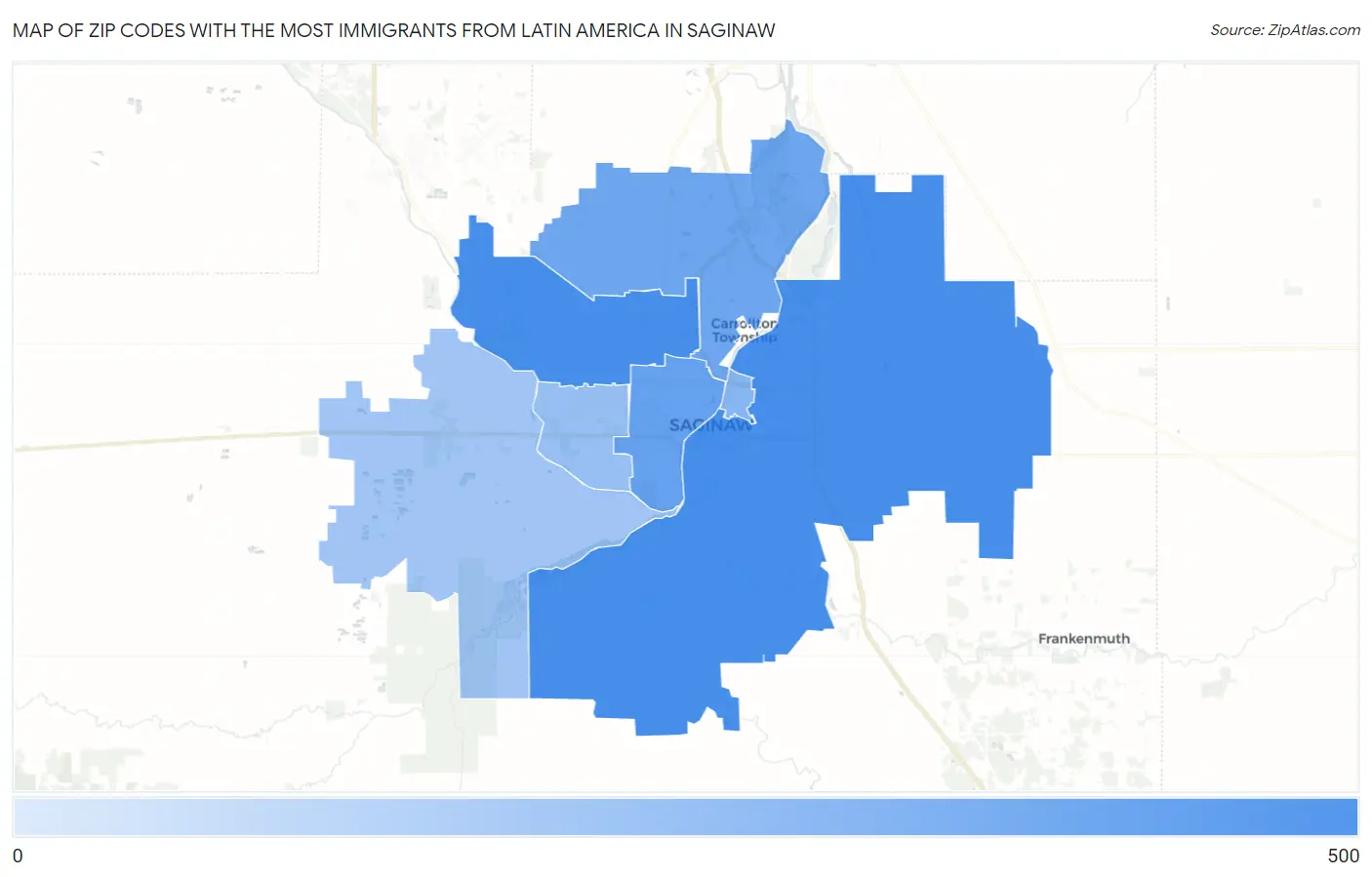 Zip Codes with the Most Immigrants from Latin America in Saginaw Map