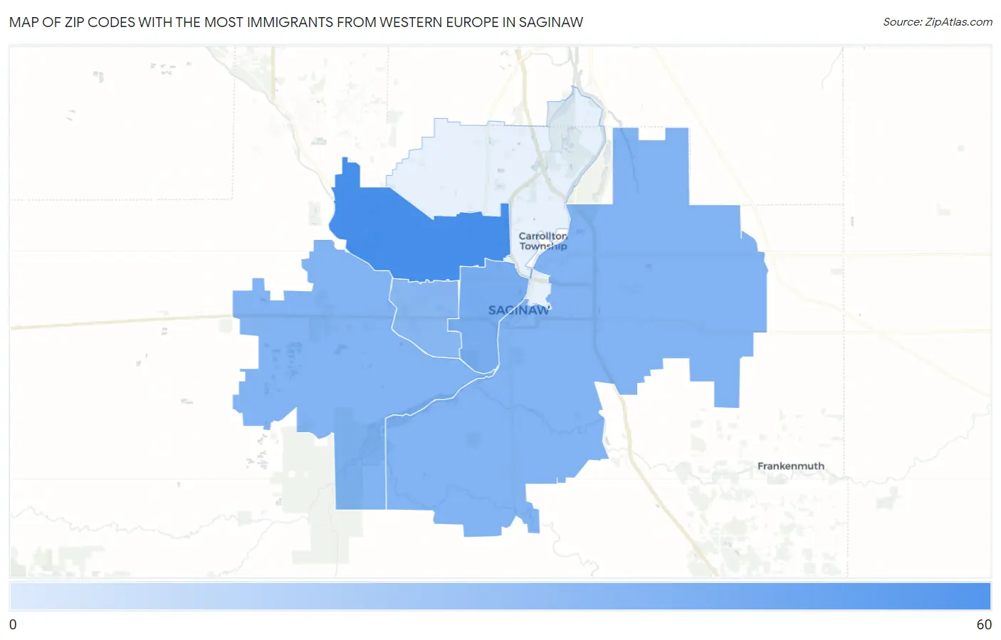 Zip Codes with the Most Immigrants from Western Europe in Saginaw Map