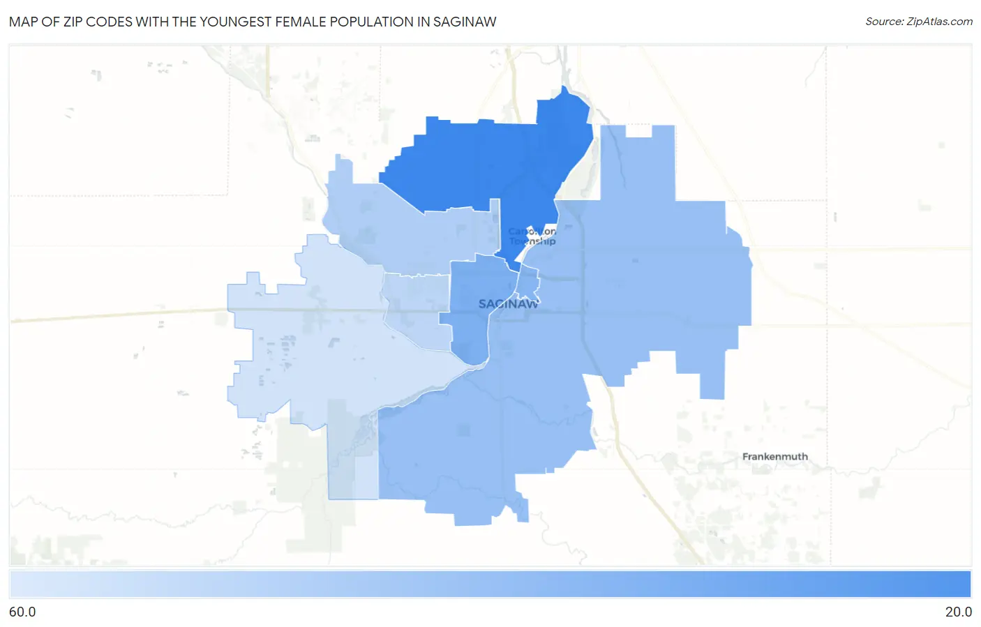 Zip Codes with the Youngest Female Population in Saginaw Map