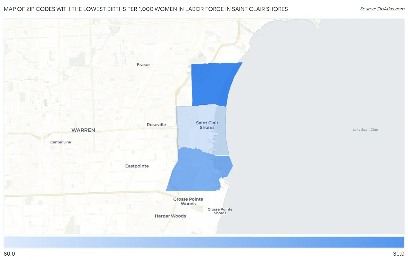 Zip Codes with the Lowest Births per 1,000 Women in Labor Force in Saint Clair Shores Map