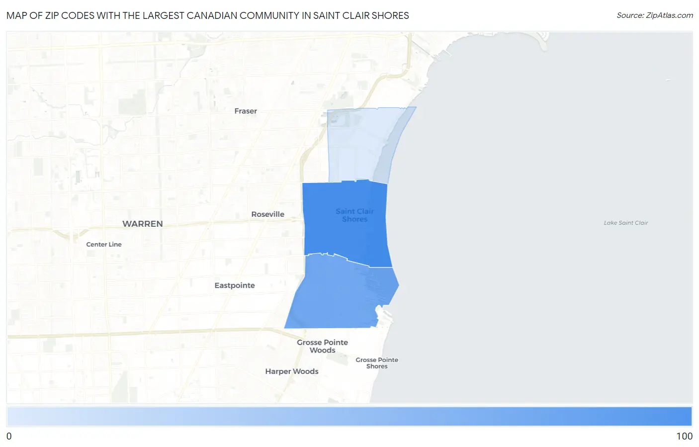 Zip Codes with the Largest Canadian Community in Saint Clair Shores Map