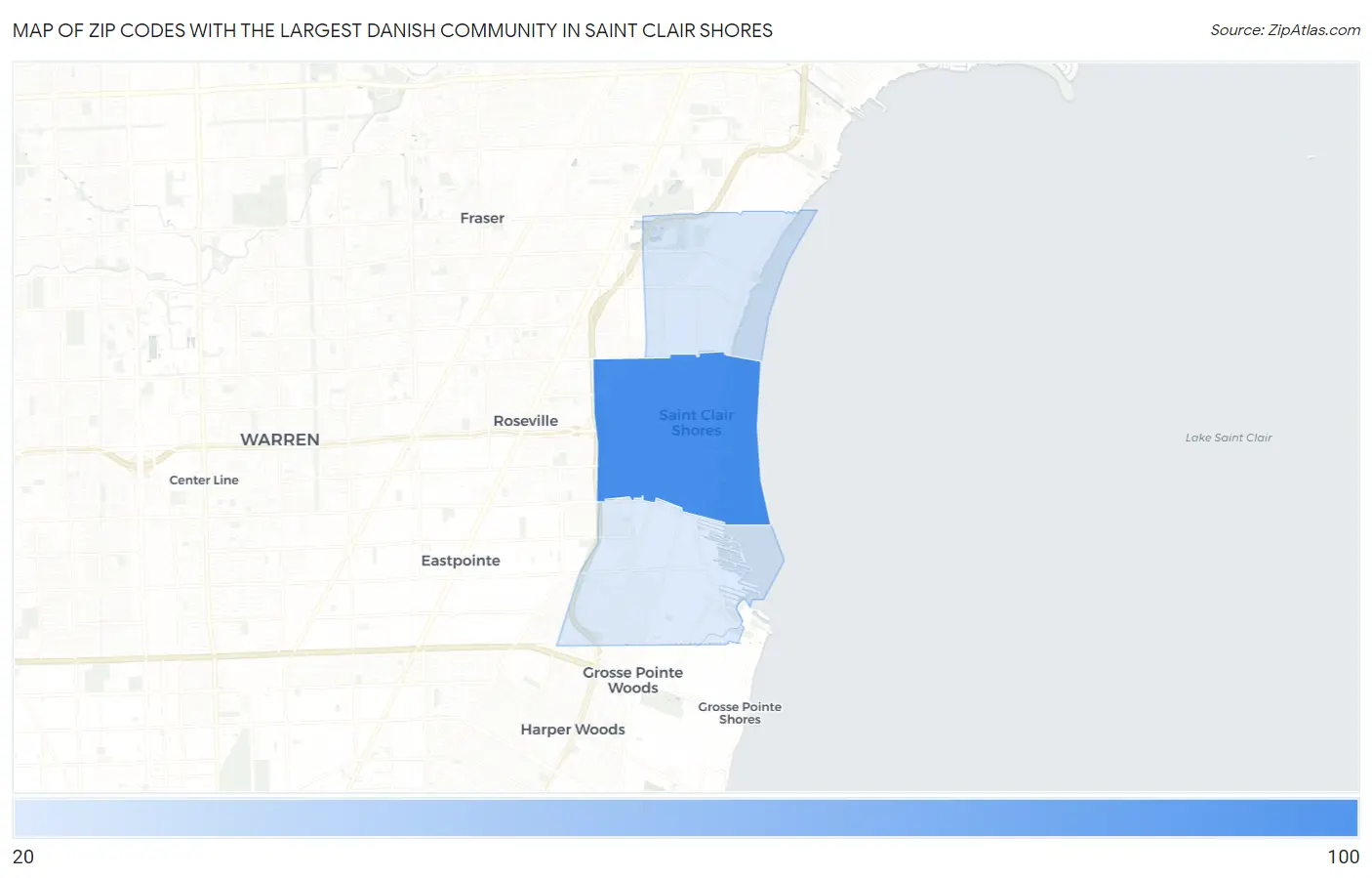 Zip Codes with the Largest Danish Community in Saint Clair Shores Map