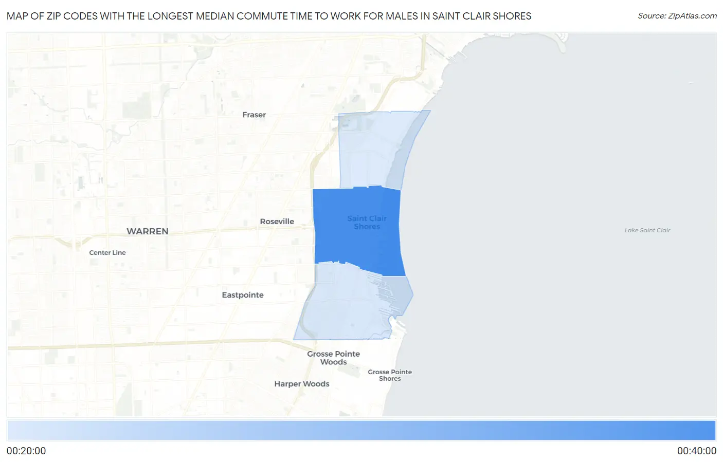Zip Codes with the Longest Median Commute Time to Work for Males in Saint Clair Shores Map