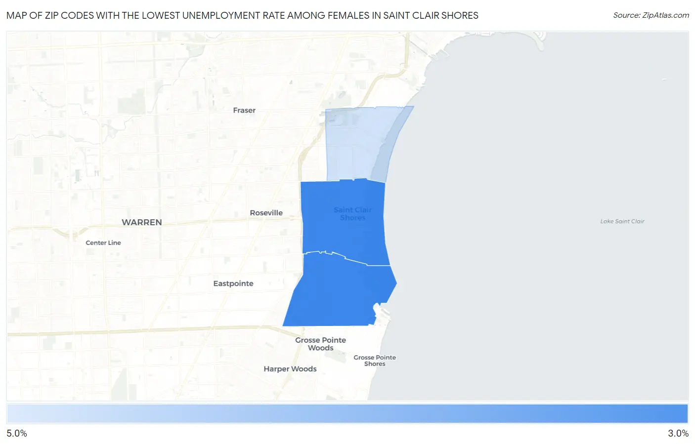 Zip Codes with the Lowest Unemployment Rate Among Females in Saint Clair Shores Map