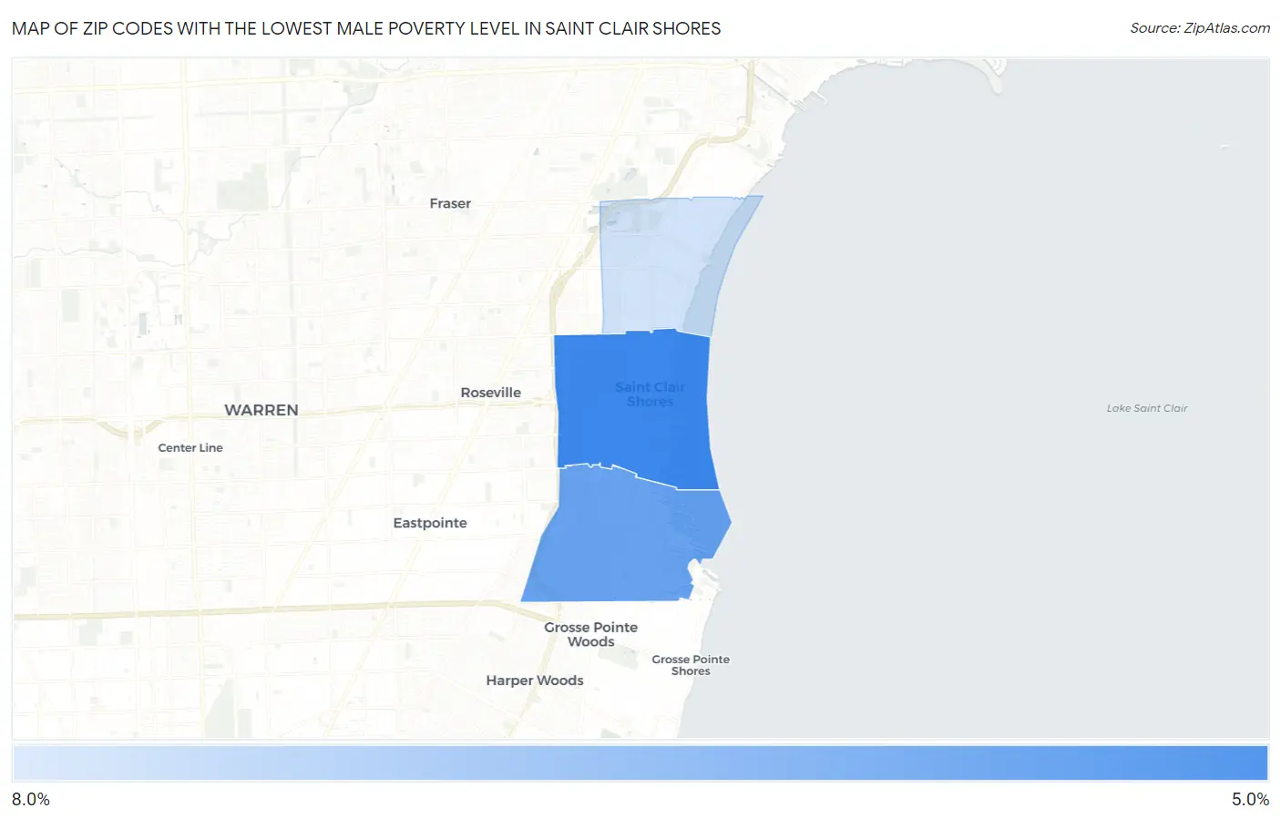 Zip Codes with the Lowest Male Poverty Level in Saint Clair Shores Map