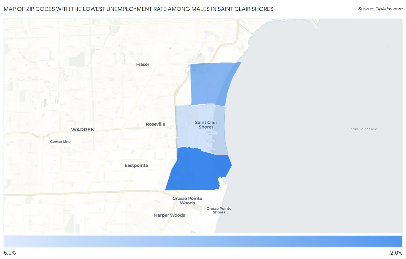Zip Codes with the Lowest Unemployment Rate Among Males in Saint Clair Shores Map