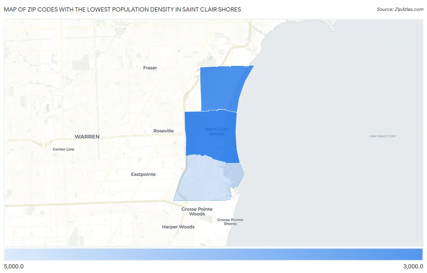 Zip Codes with the Lowest Population Density in Saint Clair Shores Map