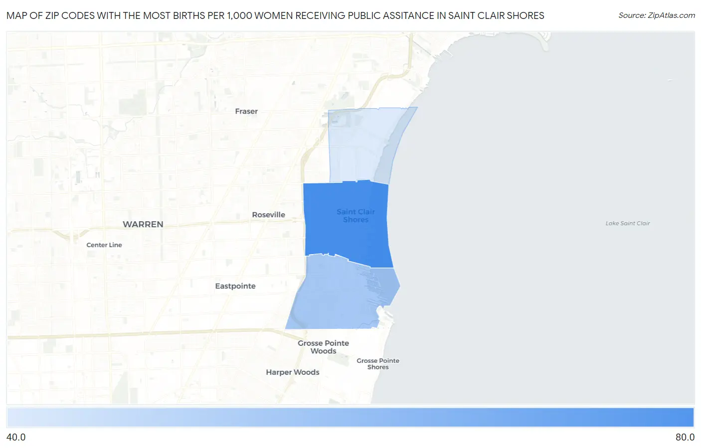 Zip Codes with the Most Births per 1,000 Women Receiving Public Assitance in Saint Clair Shores Map