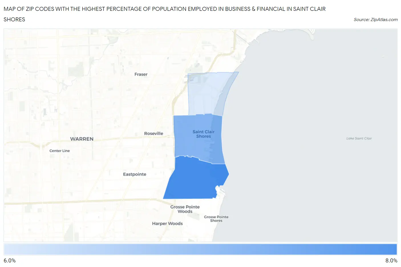 Zip Codes with the Highest Percentage of Population Employed in Business & Financial in Saint Clair Shores Map