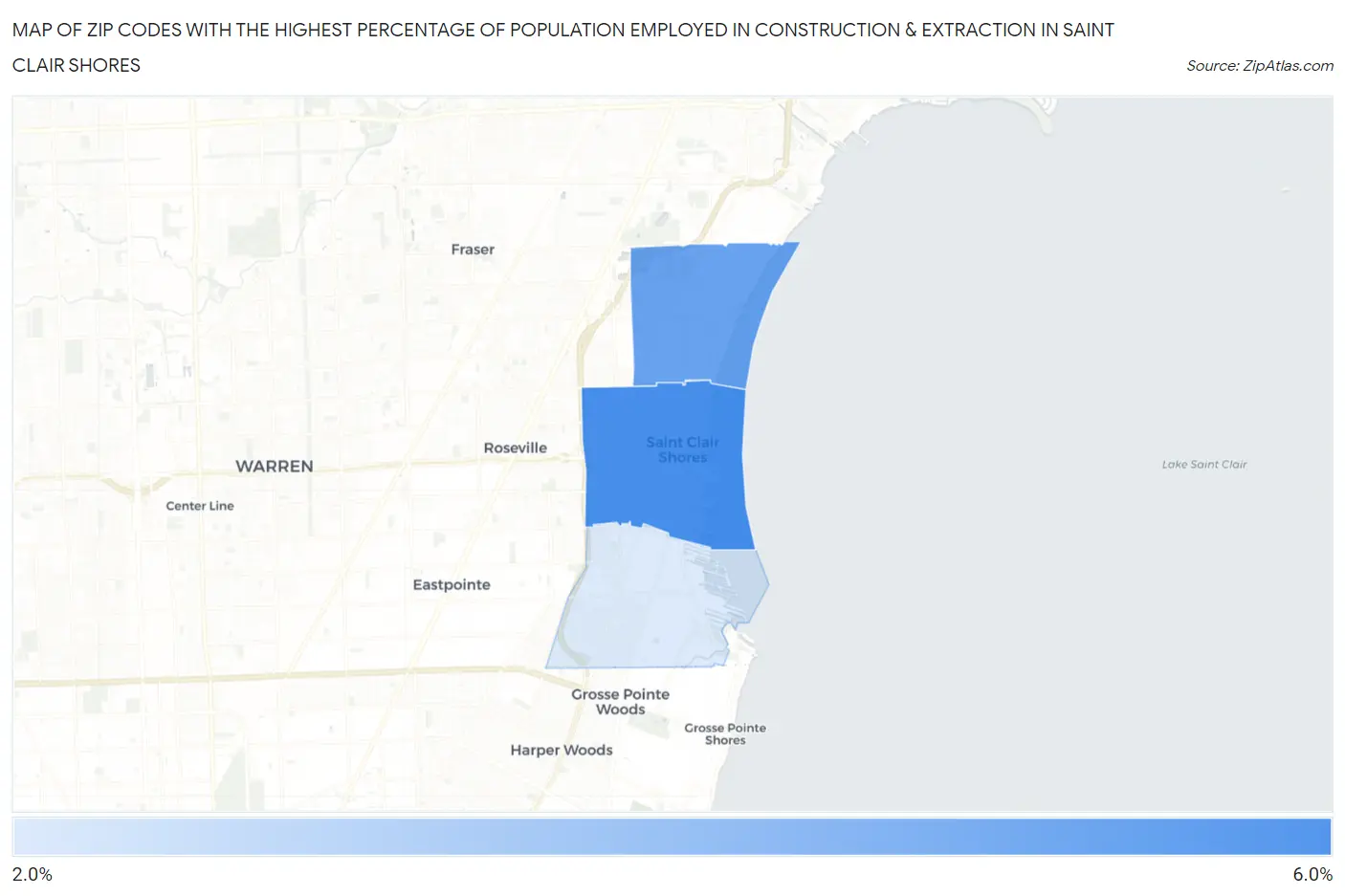 Zip Codes with the Highest Percentage of Population Employed in Construction & Extraction in Saint Clair Shores Map