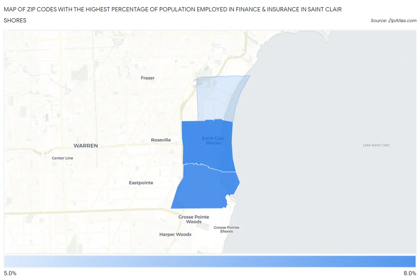 Zip Codes with the Highest Percentage of Population Employed in Finance & Insurance in Saint Clair Shores Map