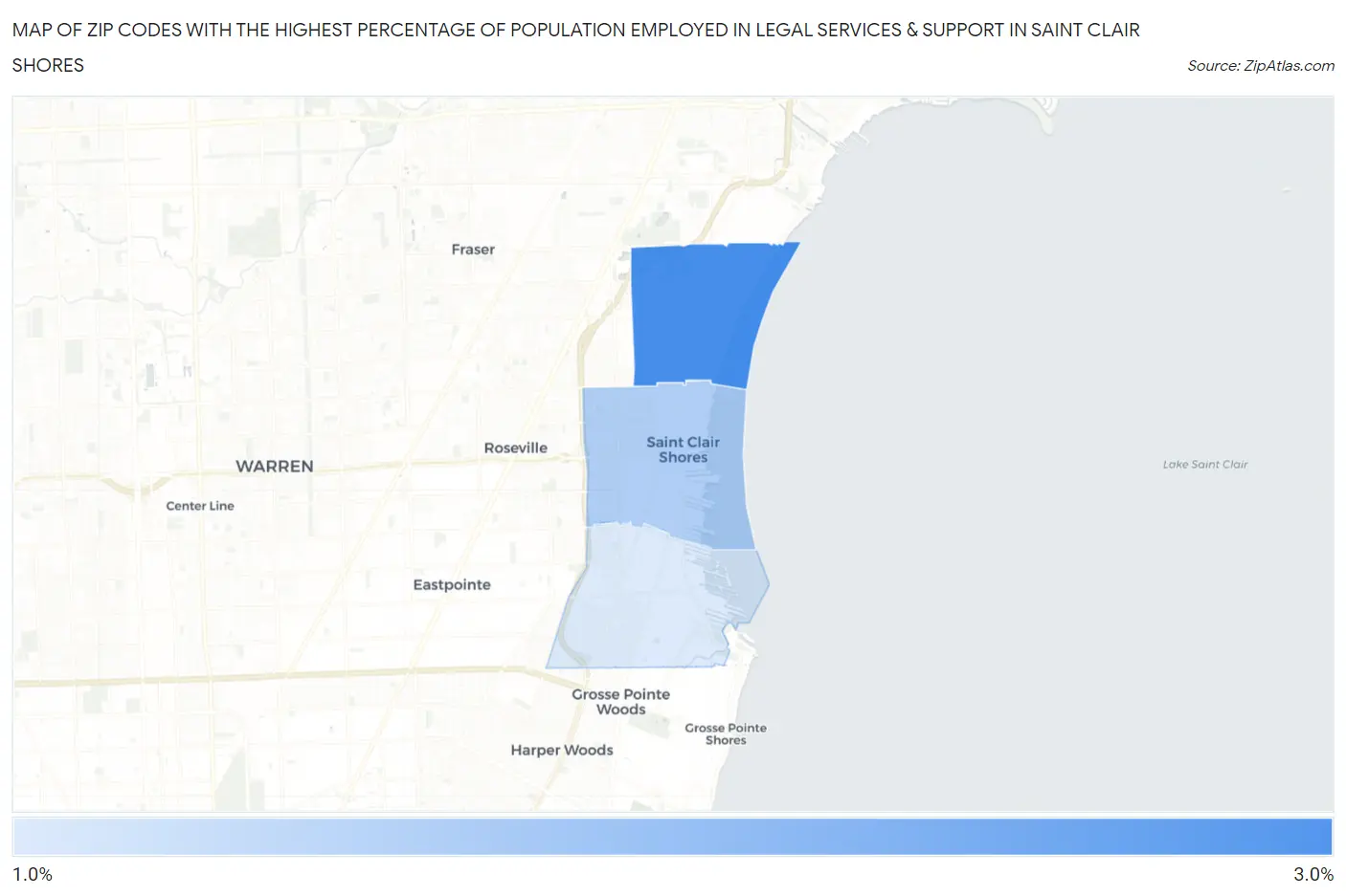 Zip Codes with the Highest Percentage of Population Employed in Legal Services & Support in Saint Clair Shores Map