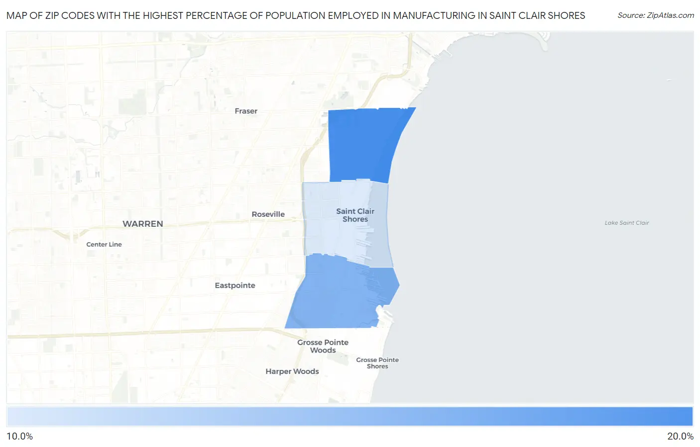 Zip Codes with the Highest Percentage of Population Employed in Manufacturing in Saint Clair Shores Map