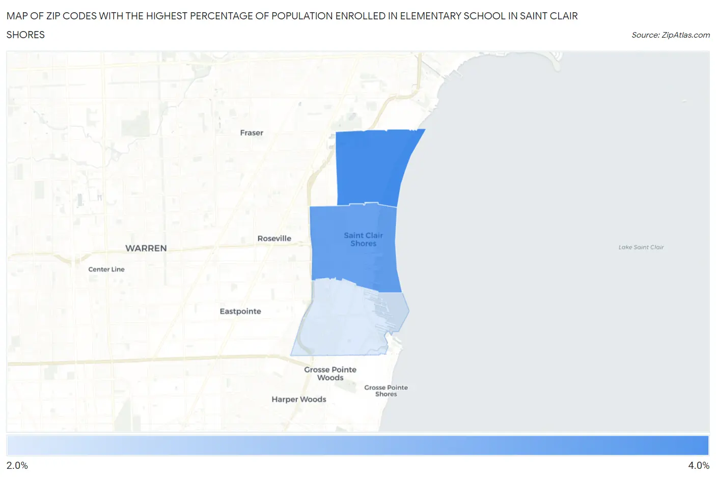 Zip Codes with the Highest Percentage of Population Enrolled in Elementary School in Saint Clair Shores Map