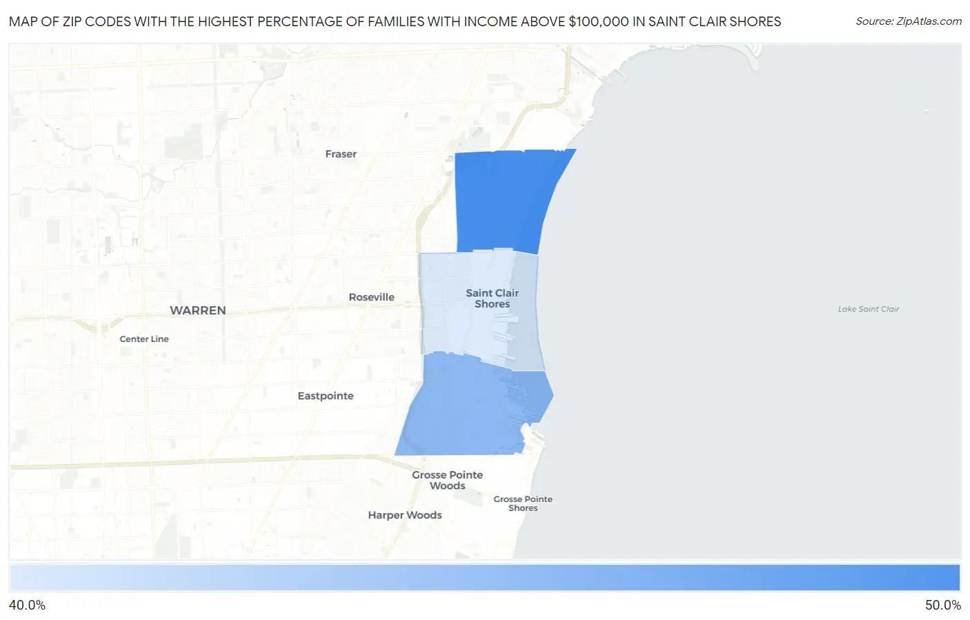 Zip Codes with the Highest Percentage of Families with Income Above $100,000 in Saint Clair Shores Map