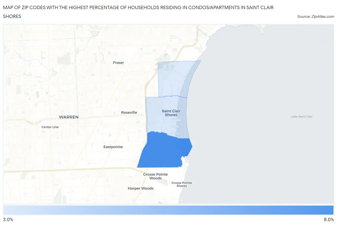 Zip Codes with the Highest Percentage of Households Residing in Condos/Apartments in Saint Clair Shores Map