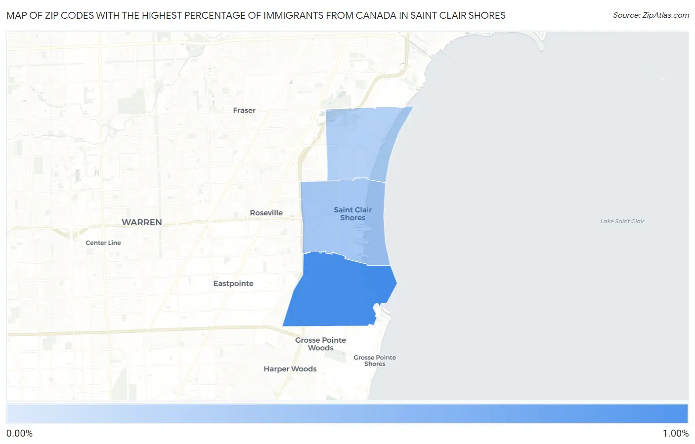 Zip Codes with the Highest Percentage of Immigrants from Canada in Saint Clair Shores Map