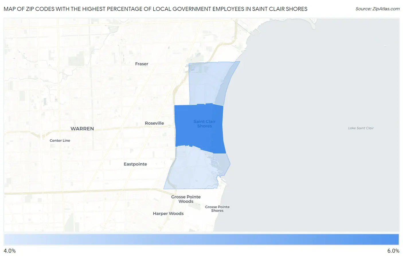 Zip Codes with the Highest Percentage of Local Government Employees in Saint Clair Shores Map