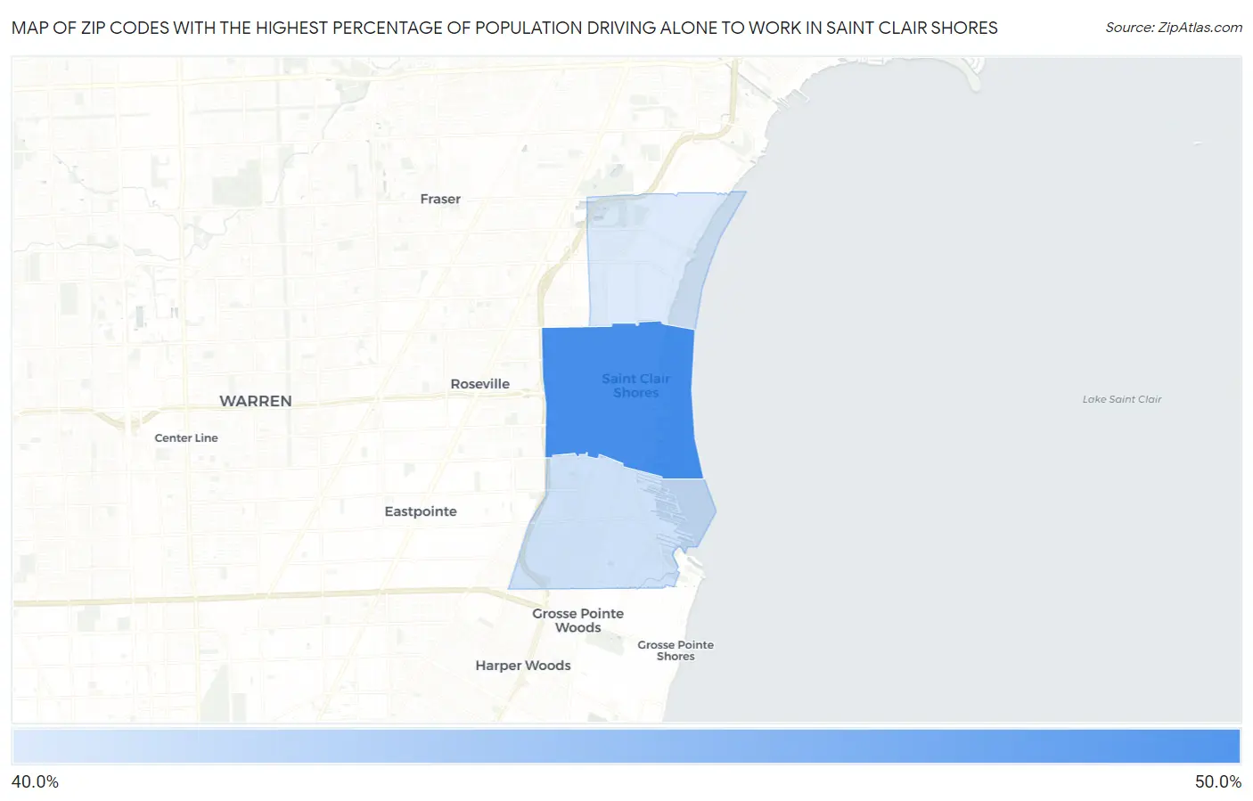 Zip Codes with the Highest Percentage of Population Driving Alone to Work in Saint Clair Shores Map