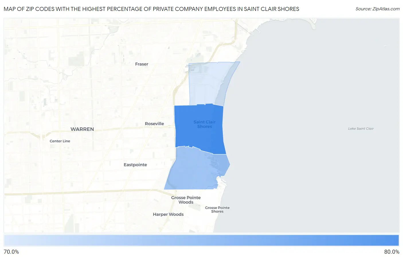 Zip Codes with the Highest Percentage of Private Company Employees in Saint Clair Shores Map