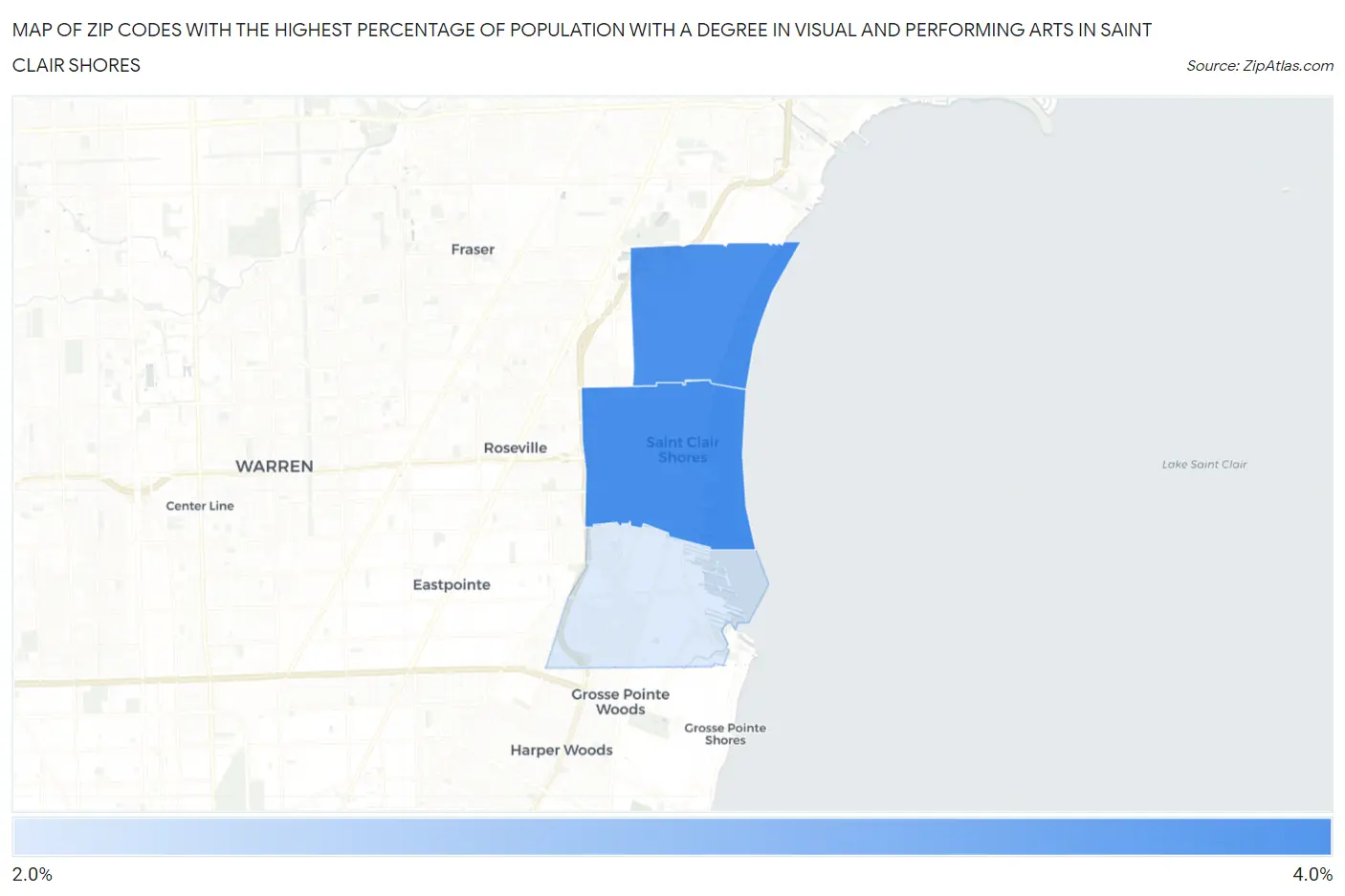 Zip Codes with the Highest Percentage of Population with a Degree in Visual and Performing Arts in Saint Clair Shores Map