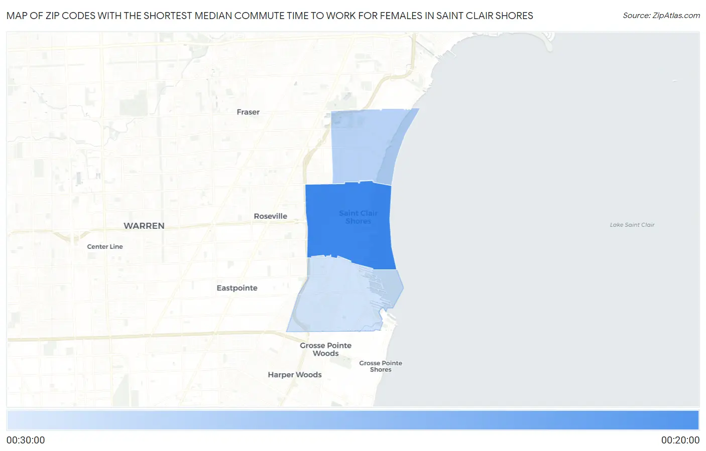 Zip Codes with the Shortest Median Commute Time to Work for Females in Saint Clair Shores Map