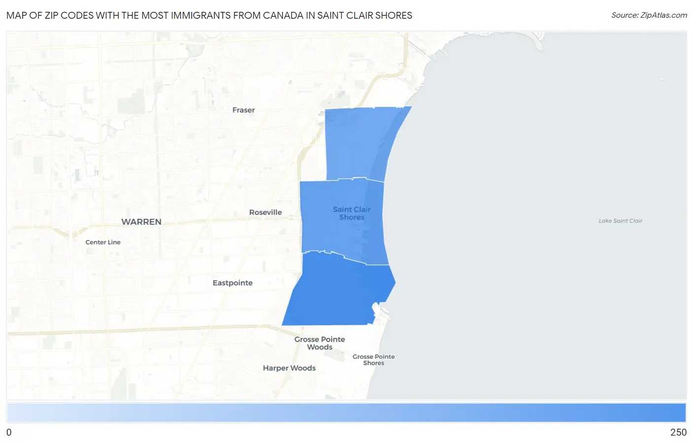 Zip Codes with the Most Immigrants from Canada in Saint Clair Shores Map