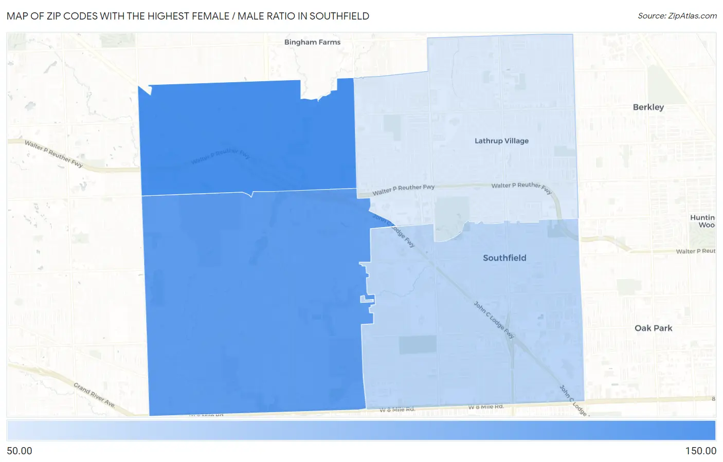 Zip Codes with the Highest Female / Male Ratio in Southfield Map
