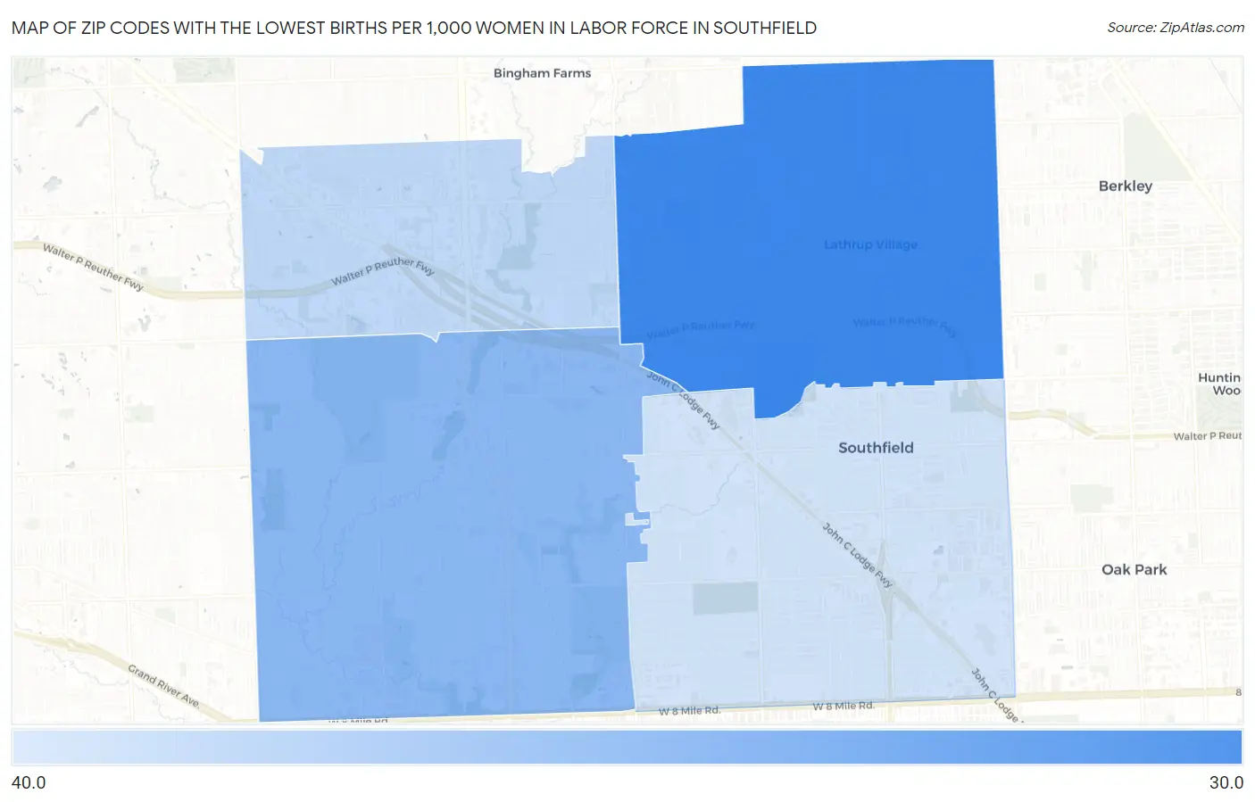 Zip Codes with the Lowest Births per 1,000 Women in Labor Force in Southfield Map