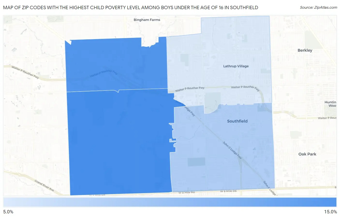 Zip Codes with the Highest Child Poverty Level Among Boys Under the Age of 16 in Southfield Map
