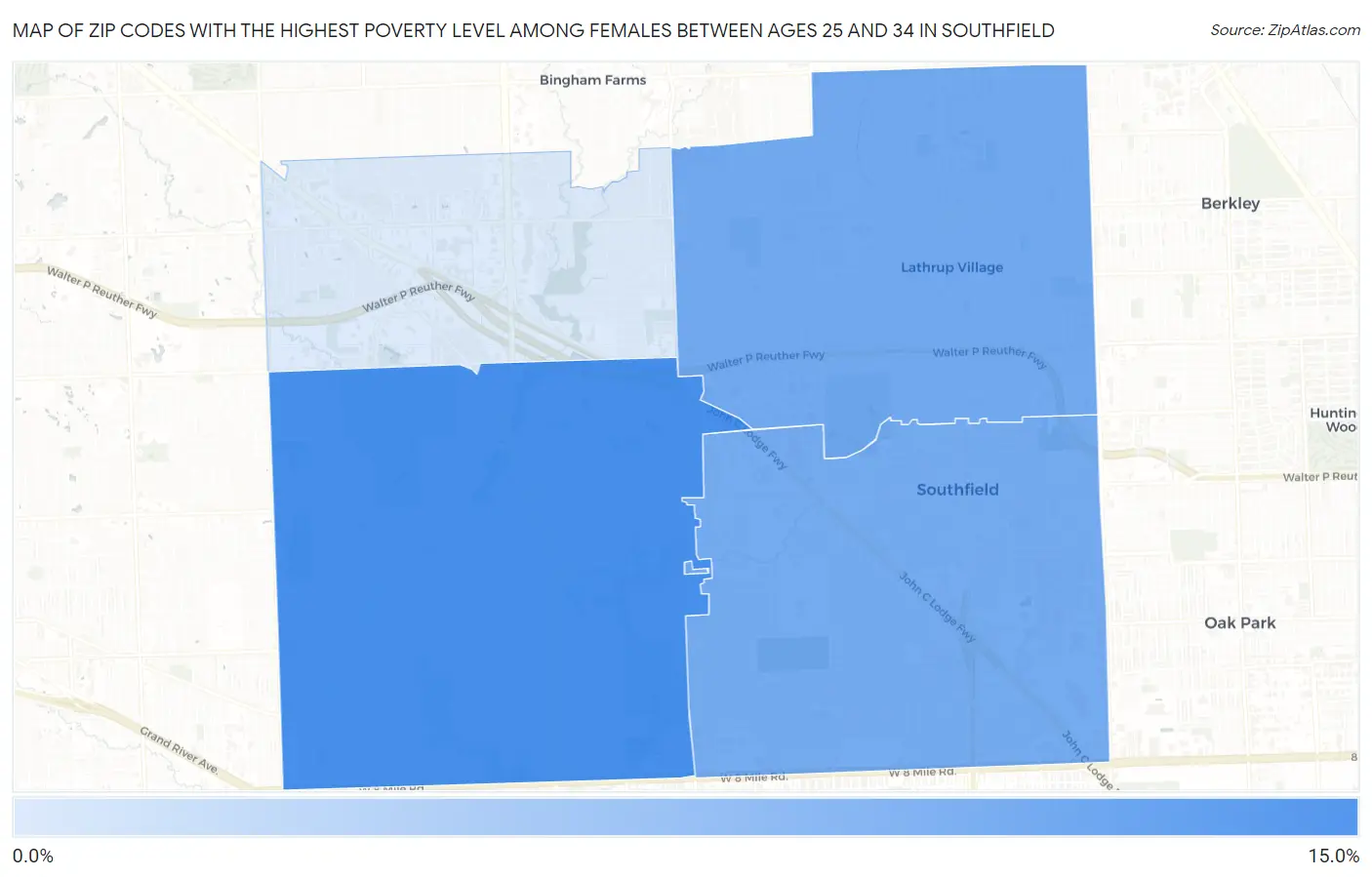 Zip Codes with the Highest Poverty Level Among Females Between Ages 25 and 34 in Southfield Map