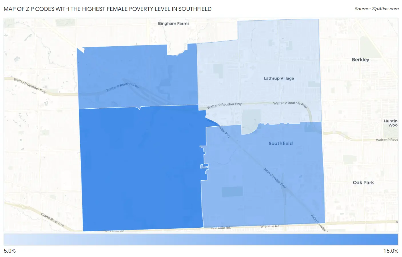 Zip Codes with the Highest Female Poverty Level in Southfield Map