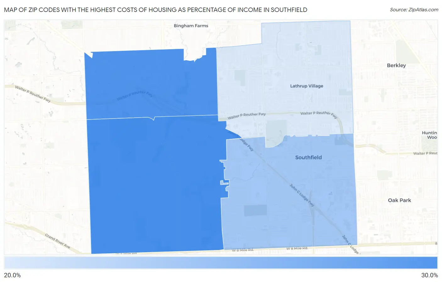 Zip Codes with the Highest Costs of Housing as Percentage of Income in Southfield Map