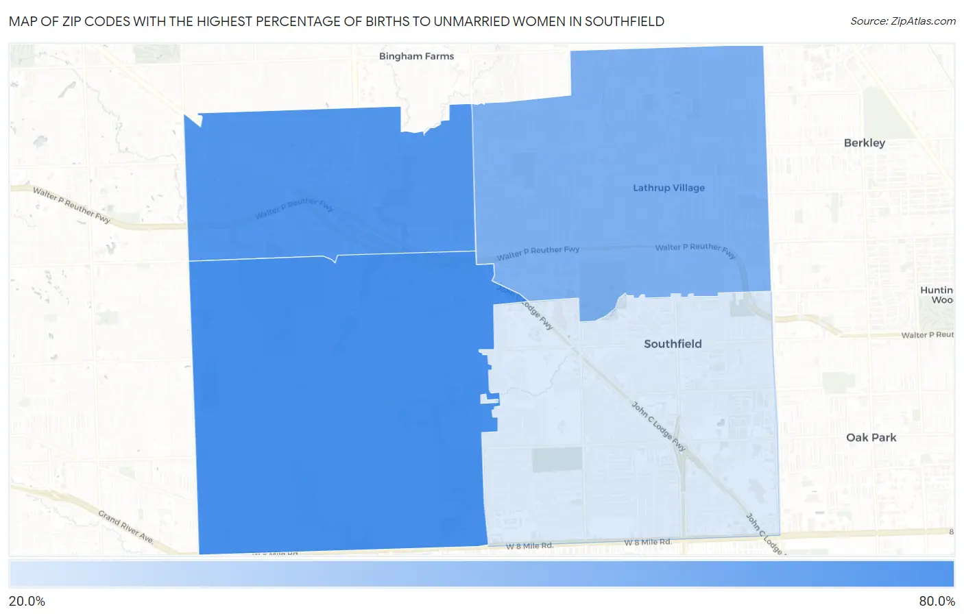 Zip Codes with the Highest Percentage of Births to Unmarried Women in Southfield Map