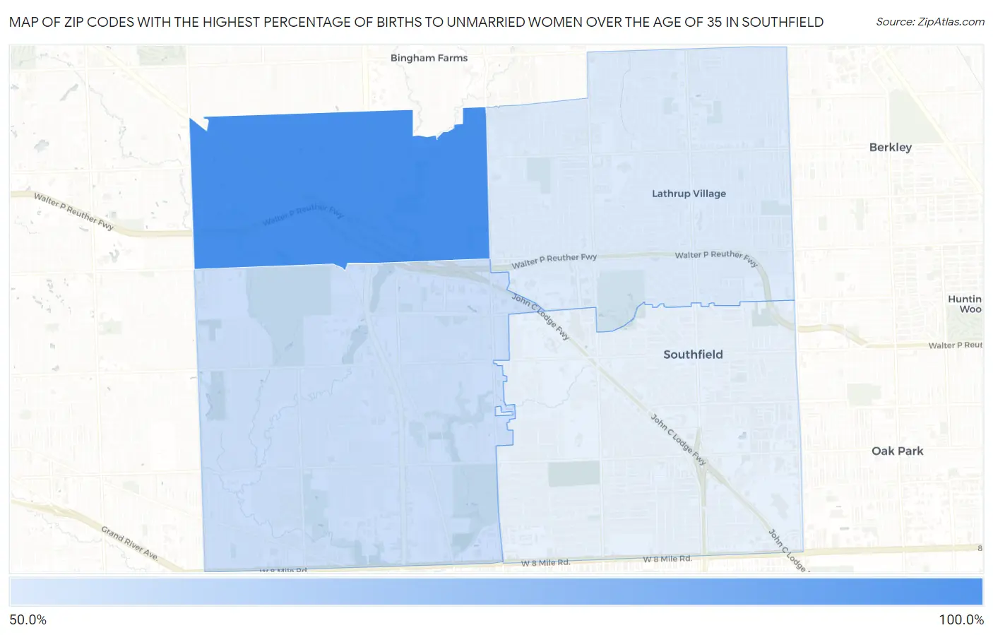 Zip Codes with the Highest Percentage of Births to Unmarried Women over the Age of 35 in Southfield Map