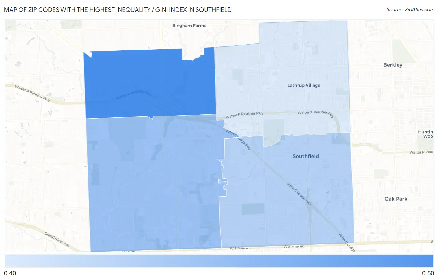 Zip Codes with the Highest Inequality / Gini Index in Southfield Map
