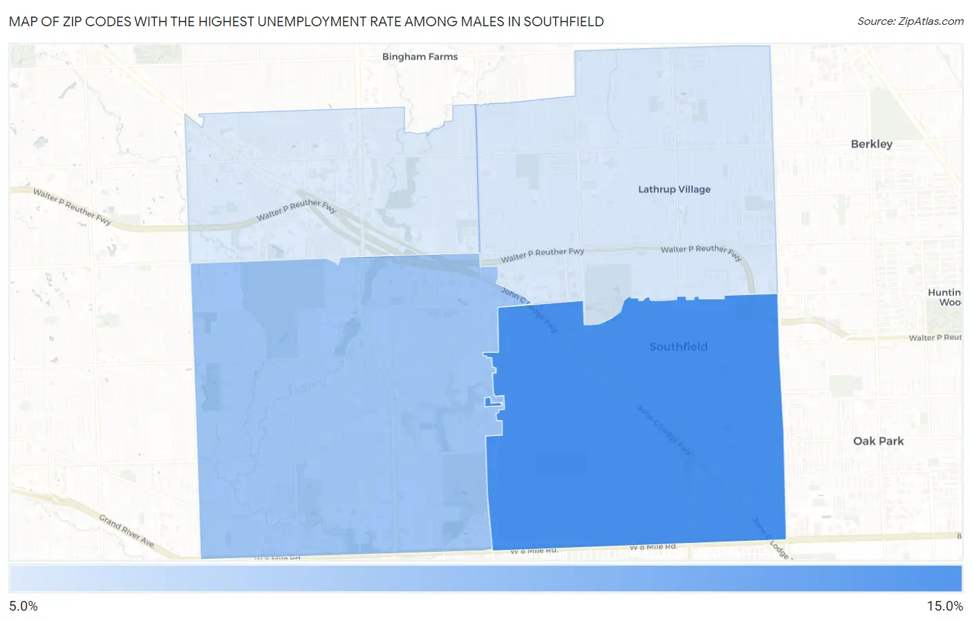 Zip Codes with the Highest Unemployment Rate Among Males in Southfield Map
