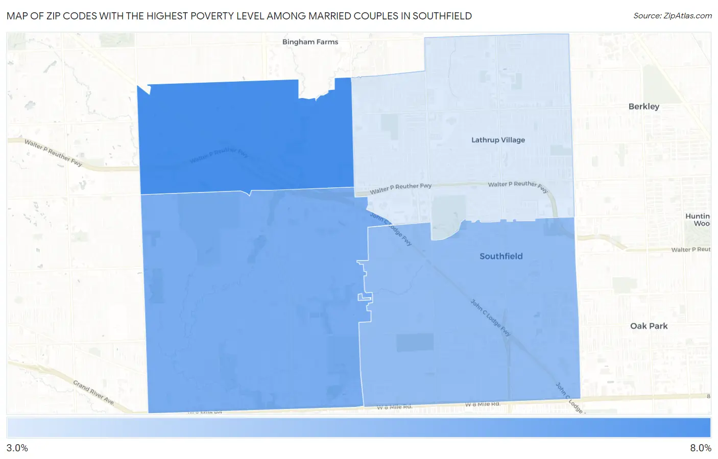 Zip Codes with the Highest Poverty Level Among Married Couples in Southfield Map