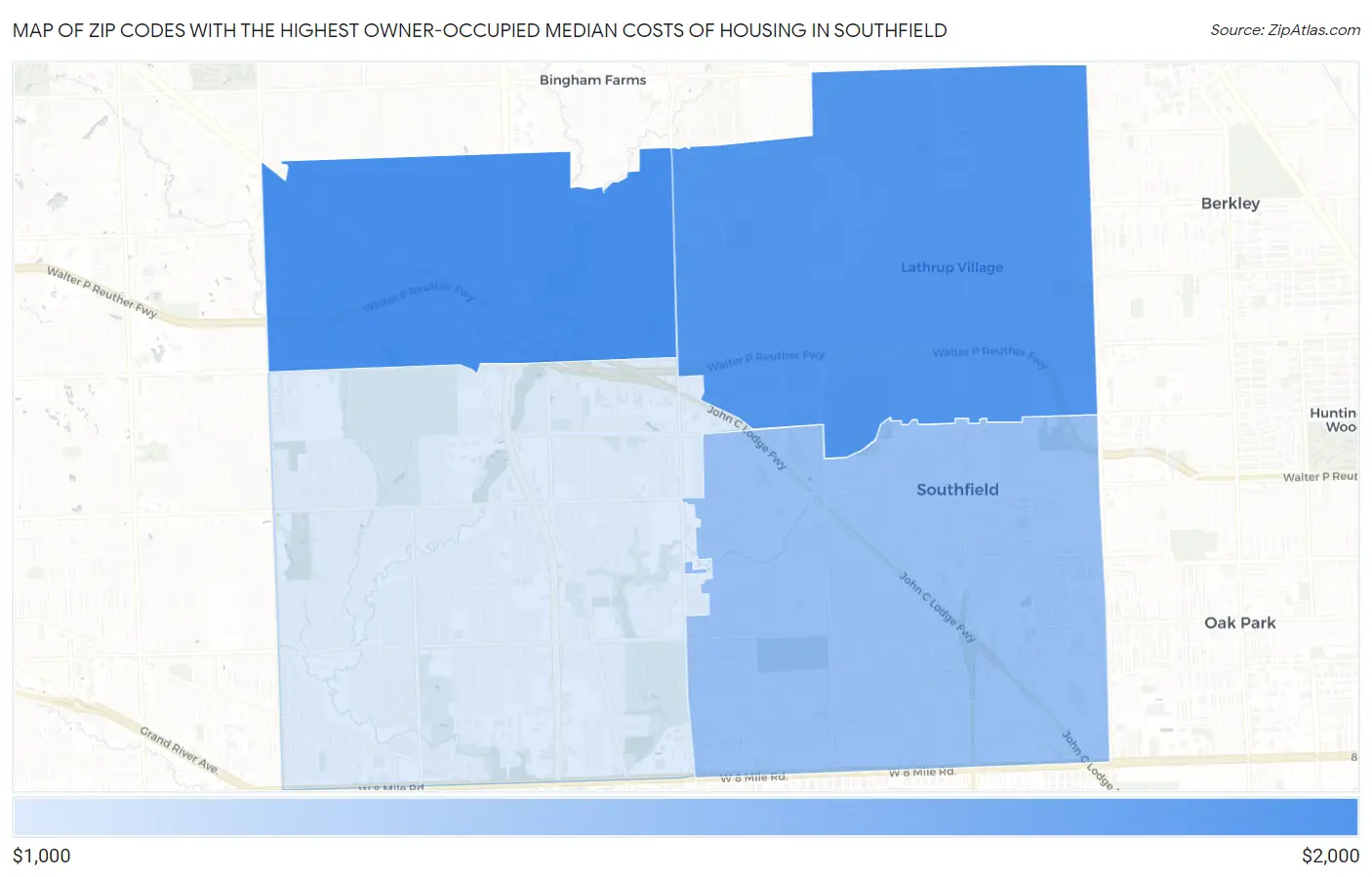 Zip Codes with the Highest Owner-Occupied Median Costs of Housing in Southfield Map