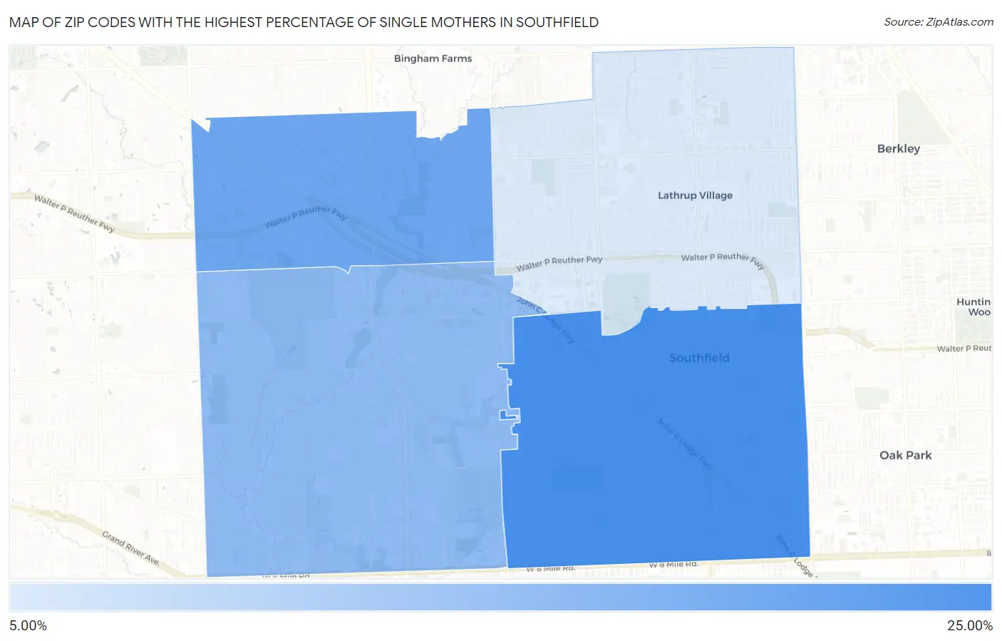 Zip Codes with the Highest Percentage of Single Mothers in Southfield Map