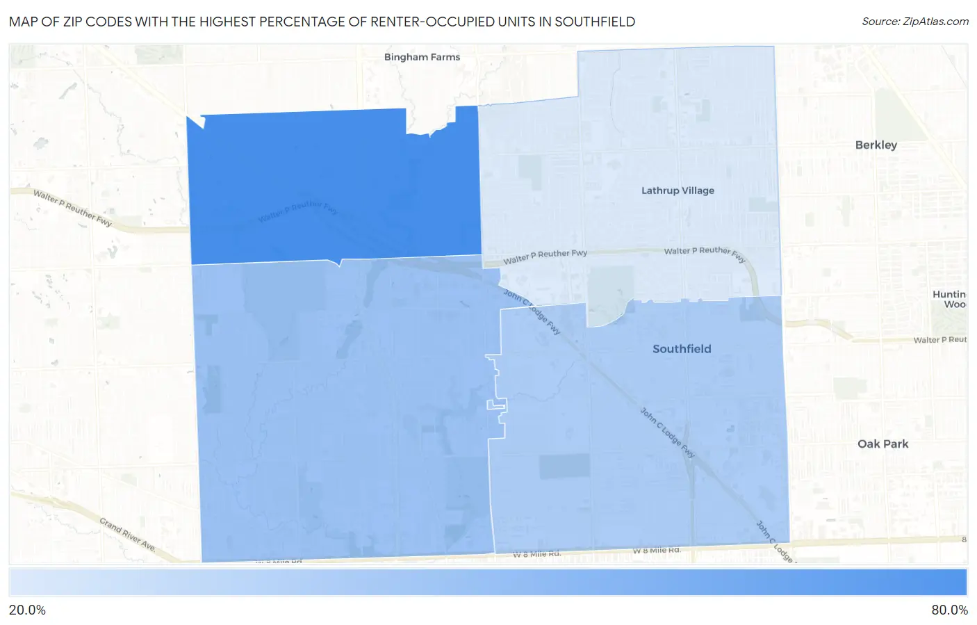 Zip Codes with the Highest Percentage of Renter-Occupied Units in Southfield Map